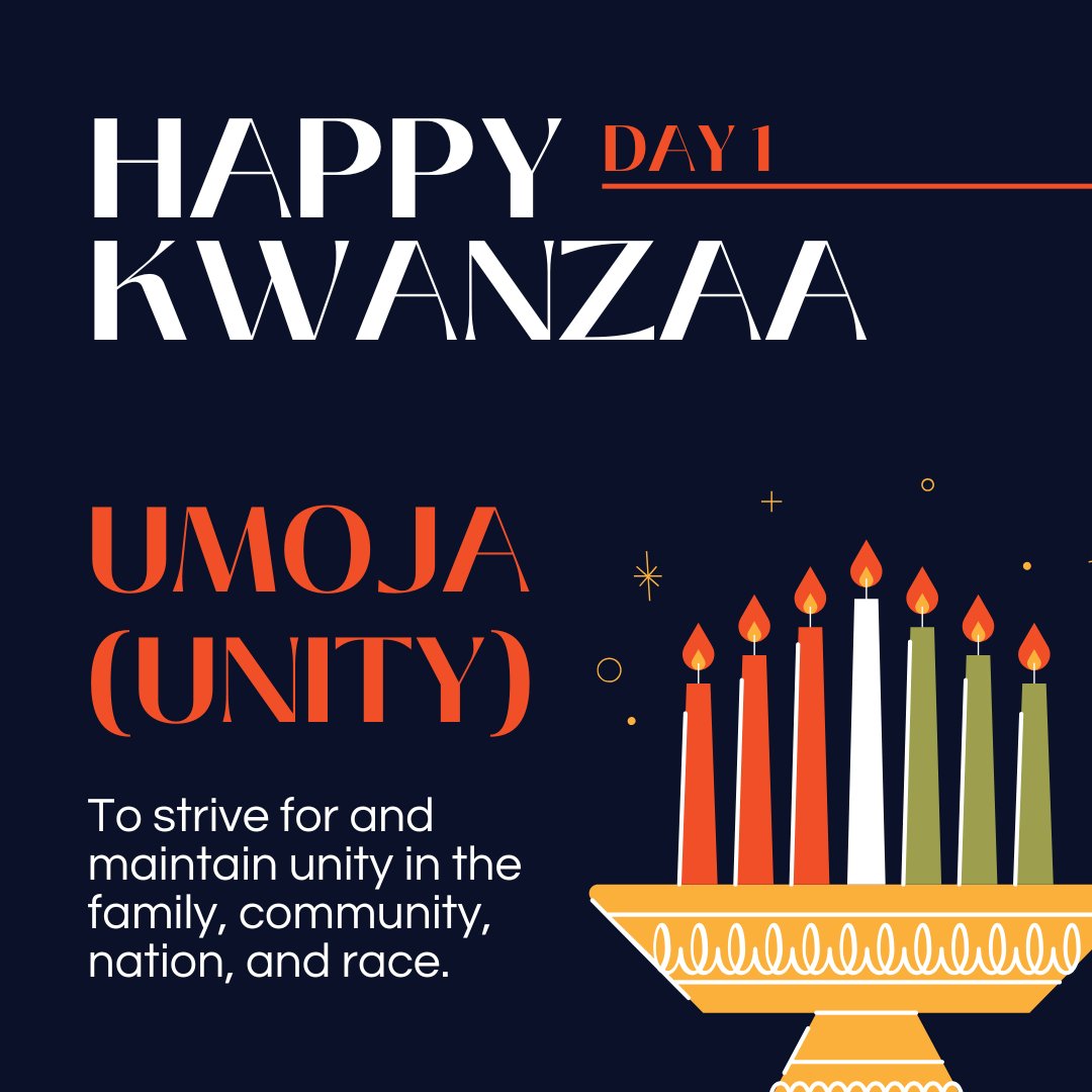 Wishing you and your family a joyous and #HappyKwanzaa! Each of the seven days between Dec. 26 - Jan. 1 celebrate the seven principles of Kwanzaa, all honoring family &amp; community. The Kwanzaa principle of Day 1 is Umoja (Unity).