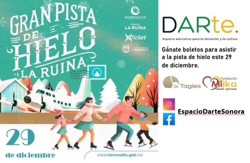 Gana boletos para patinar en hielo. <a href="/FundacionMiika/">Fundación Miika</a> tiene 20 boletos para el domingo 29. Solo junta de 5 a 10 amigos o familiares, para que el sábado 28, hagan un recorrido por "DARte. Espacio educativo para la donación y la cultura", a las 11am ó 1pm.
Conoce, aprende y gana.