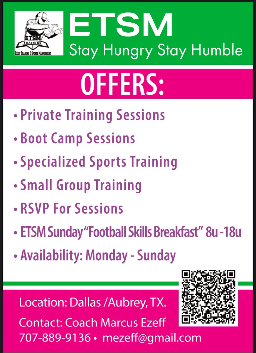 RSVP your Sessions here!! Let’s get to Work!!

ETSM “Football Skills Breakfast” will be in Dallas &amp; Aubrey area on Sundays!! Time TBD….

Stay Hungry, Stay Humble!!

Repost please if you are a Texas athlete or coach!!