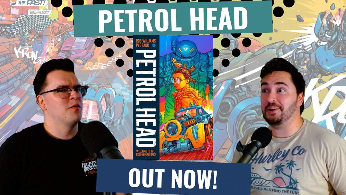 TradeWaitersPod's tweet photo. NEW HOT EPISODE!! Daniels Christmas gift this year was PETROL HEAD by @Robwilliams71 and @PyeParr! In a world dealing with climate crisis and old clunky HOT rod racing robot is maybe humanity's only hope escaping the O-zone domes. ITS A ROBOT THAT SMOKES AND RACES CARS!! https://t.co/BYGSuUr5WE