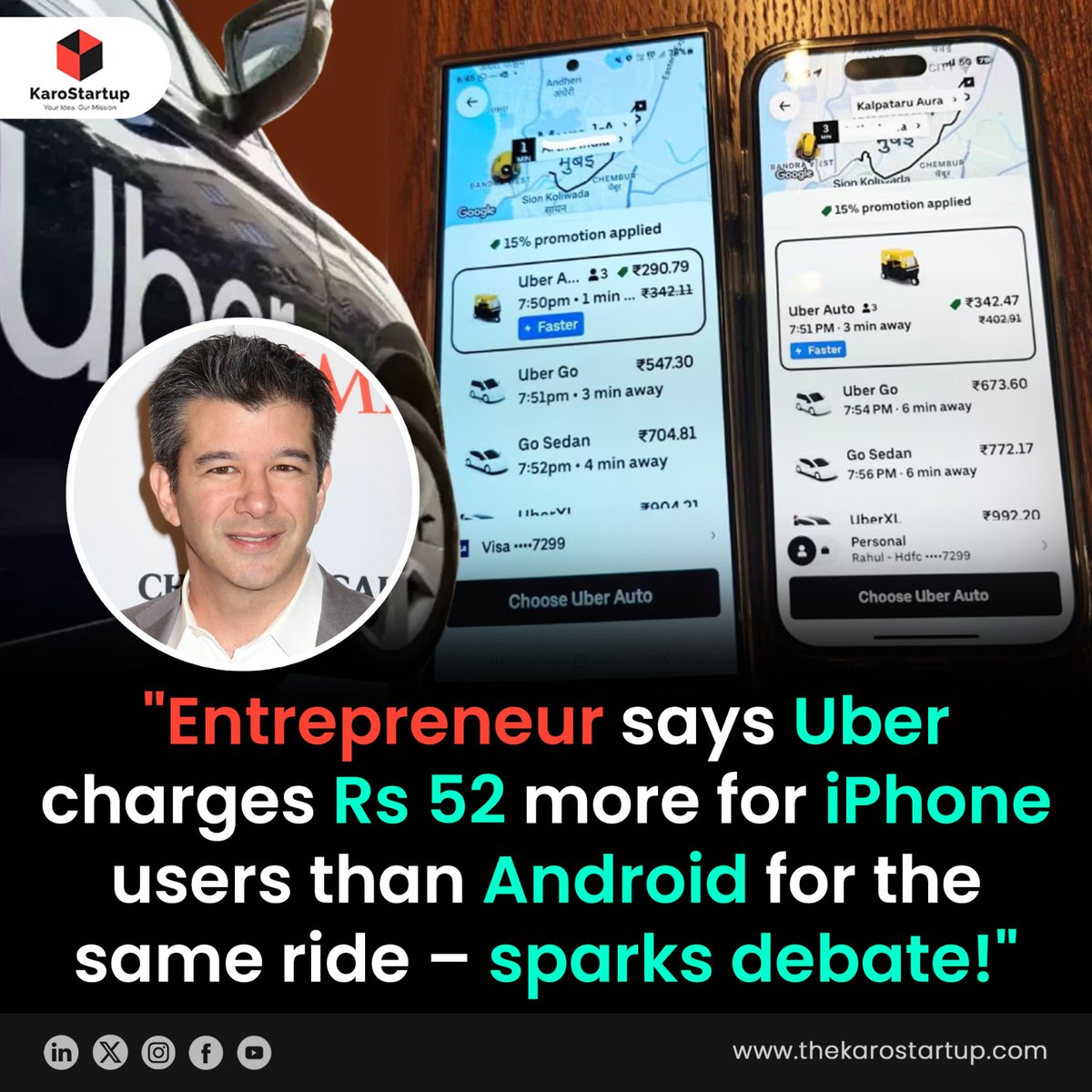 karo_startup's tweet photo. An Indian entrepreneur sparked debate on LinkedIn, alleging @Uber_India charges iPhone users ₹52 more than Android users for identical rides. Tech bias or coincidence?

Read more in detail: https://t.co/0x4euEwJjI

 #UberPricing #iPhoneVsAndroid #TechDisparity 
@PrParameswaran https://t.co/BGtpd6aYez