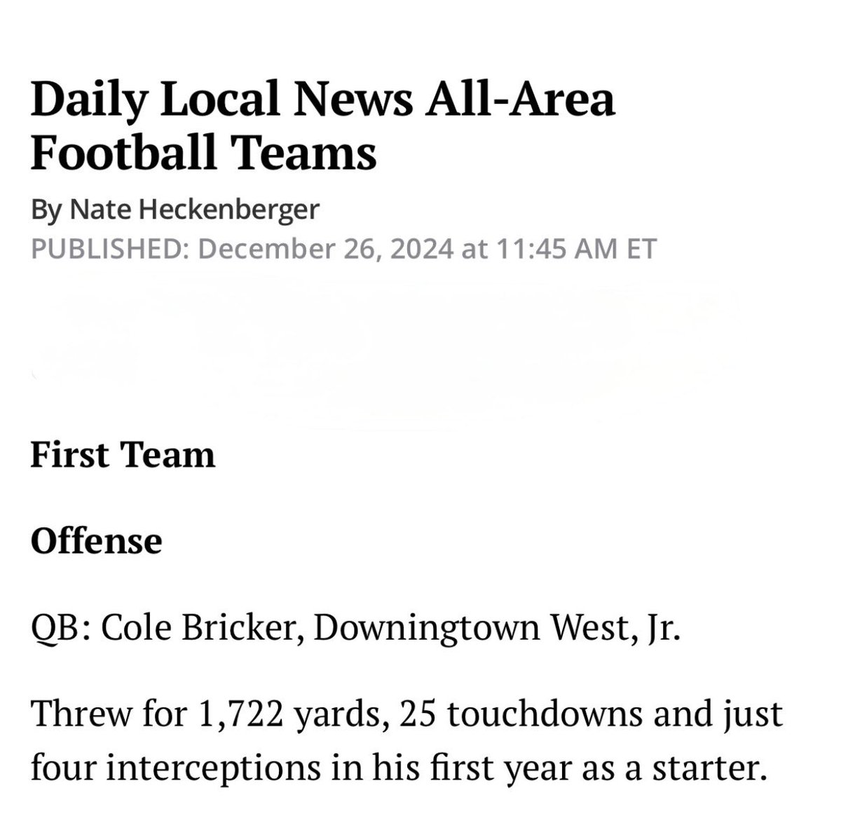 colebricker1's tweet photo. Excited to be named first team all area! Thank you to my coaches and teammates for making this possible
@FootballDwest @TheHistoryDtown https://t.co/rx8y2gmtkC