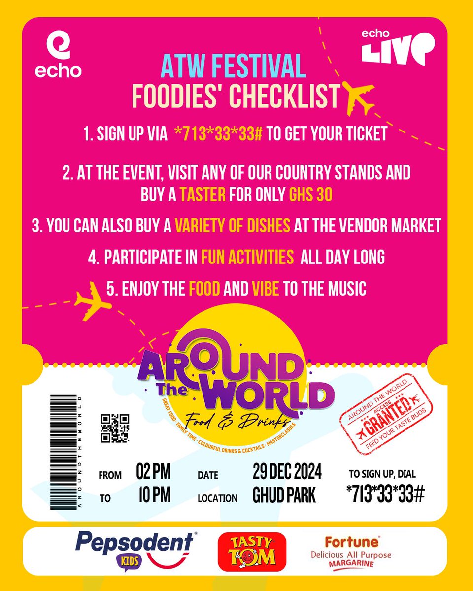 Hey Foodies, 
Here’s a quick tip on how what to do if you’re coming to Around The World.

See you soon at Ghud Park 🥳🥳

Dial *713*33*33# or visit egtks.com/e/50724 to book your spot now! 🤩    #ATWFestival24