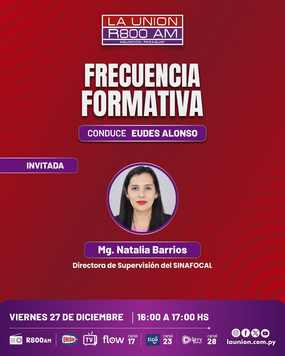 🗣️ Programa imperdible‼️

☝️"Frecuencia Formativa" 👩🏻‍🏫

🕓 De 16:00 a 17:00 horas.
📌 <a href="/Launionam/">La Union AM</a> 
📻 800 AM

📌 <a href="/Uniontvpy/">UNION TV</a>
📺 Canal 23 de Tigo
💻 Canal 17 de Flow
📲 Canal 28 de IPTV