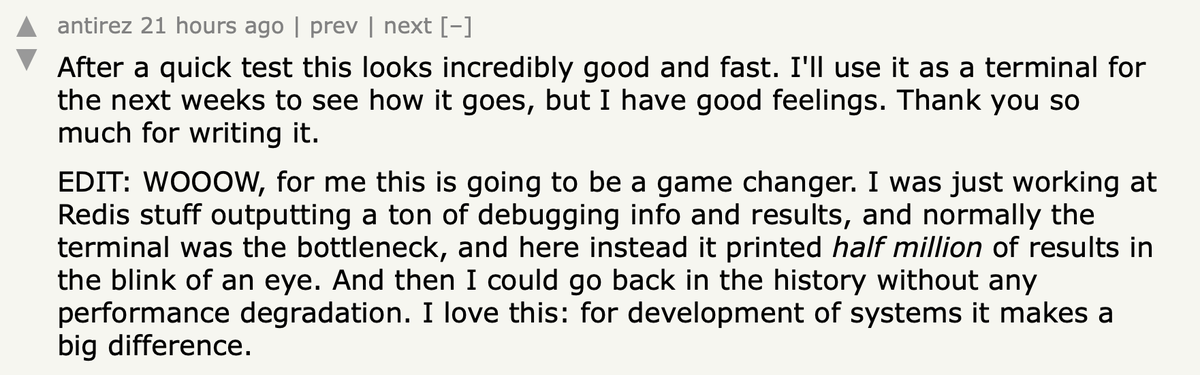 mitchellh's tweet image. Thanks @antirez. I'm going to share this whenever anyone scoffs at me and says "`cat` performance doesn't matter". This stuff matters, it has real productivity implications. I smiled at this because we worked hard on this and I'm glad someone I respect so much noticed.
For what…