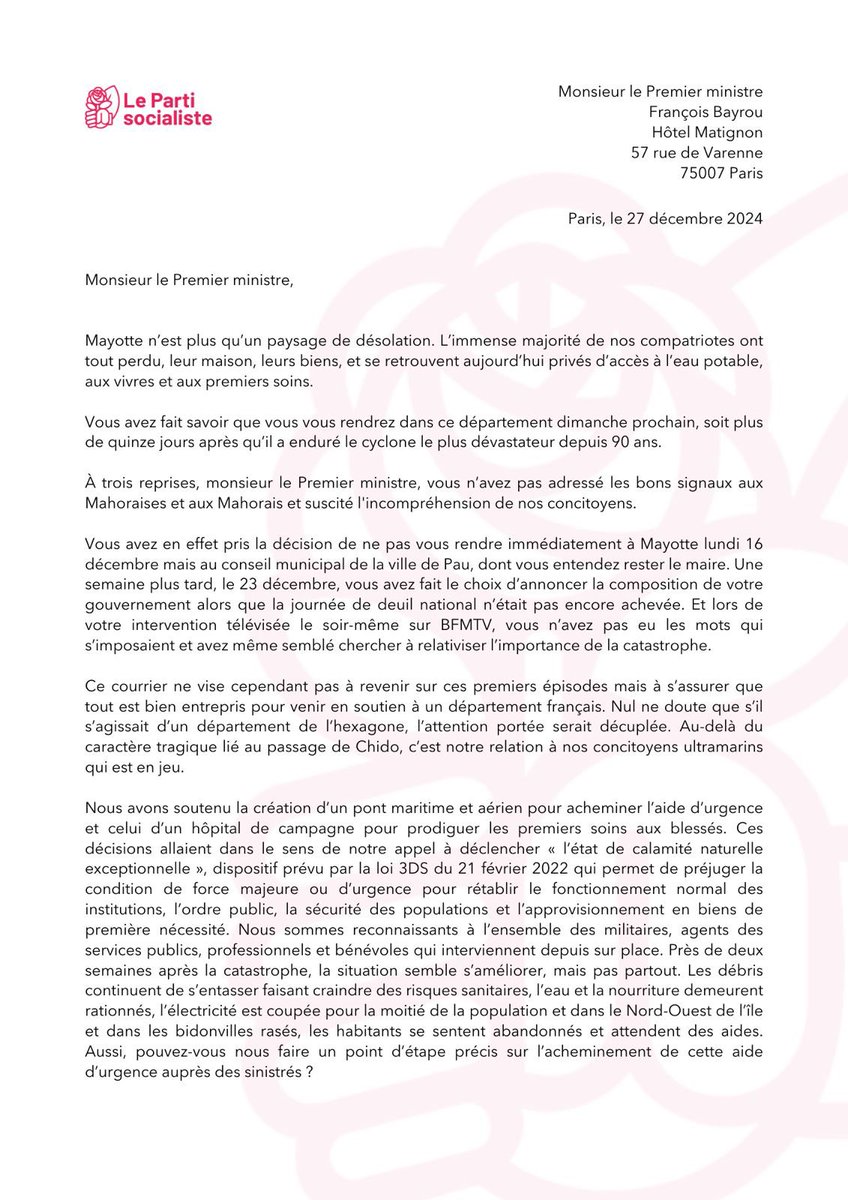 faureolivier's tweet photo. Monsieur le Premier ministre, vous n’avez pas adressé les bons signaux aux Mahoraises et aux Mahorais. 

Avant votre déplacement dans ce département français, des précisions s’imposent sur l’engagement du gouvernement pour faire face à l’urgence, pour soutenir la reconstruction mais aussi et surtout pour construire un avenir à #Mayotte dans la République française. 

C’est l’objet de la lettre que je vous adresse.
