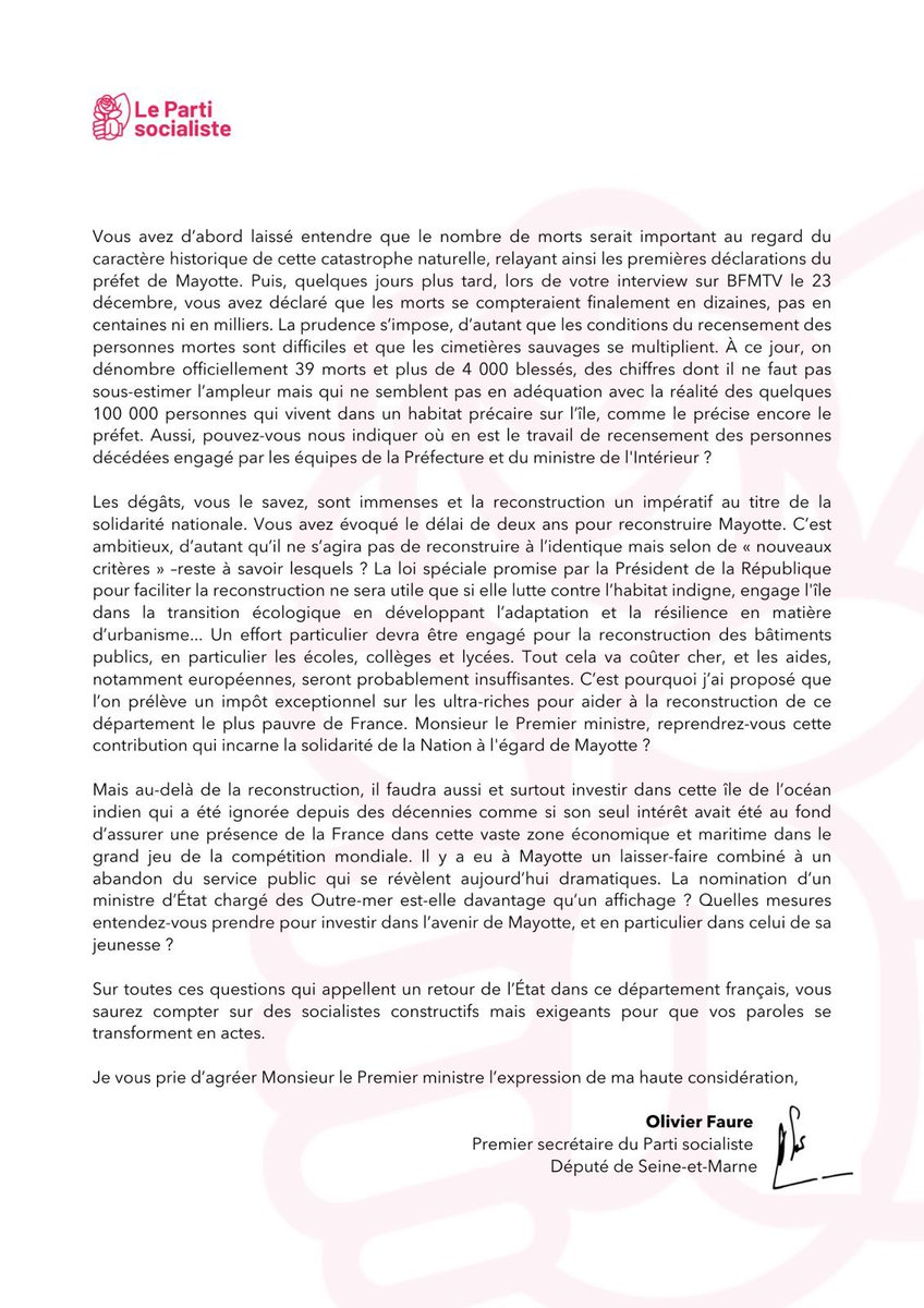 faureolivier's tweet photo. Monsieur le Premier ministre, vous n’avez pas adressé les bons signaux aux Mahoraises et aux Mahorais. 

Avant votre déplacement dans ce département français, des précisions s’imposent sur l’engagement du gouvernement pour faire face à l’urgence, pour soutenir la reconstruction mais aussi et surtout pour construire un avenir à #Mayotte dans la République française. 

C’est l’objet de la lettre que je vous adresse.