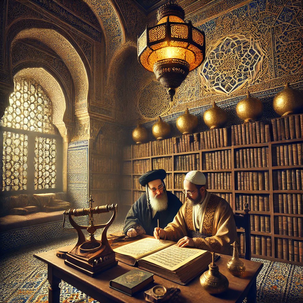 ozhan_cemile's tweet photo. Orta Çağ' da Endülüs'te  Yahudi ve Müslüman âlimlerin iş birliğini yansıtan tasvirler. - Yapay zeka ✨ https://t.co/d59JUxb89Z