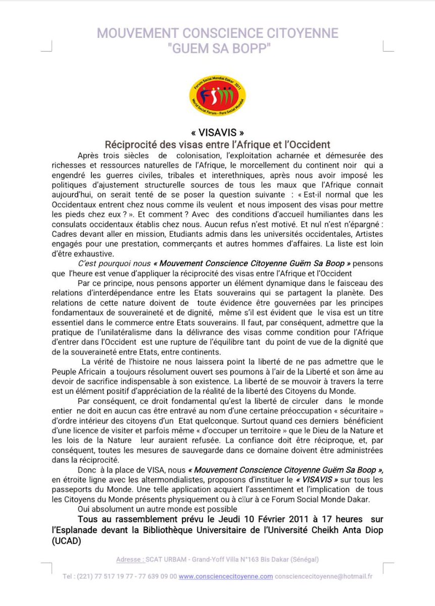 Assane DIAGNE (@assaned1719) on Twitter photo Dans cette intention du #GouvernementSn d'appliquer la #réciprocité dans la délivrance des #visas, je voudrais saisir ce contexte pour partager avec vous, cet article que j'avais rédigé en 2011 dans le cadre du Forum Social mondial au #Senegal #DPG_OS_2024 <a href="/SonkoOfficiel/">Ousmane Sonko</a> #kebetu Dans cette intention du #GouvernementSn d'appliquer la #réciprocité dans la délivrance des #visas, je voudrais saisir ce contexte pour partager avec vous, cet article que j'avais rédigé en 2011 dans le cadre du Forum Social mondial au #Senegal #DPG_OS_2024 <a href="/SonkoOfficiel/">Ousmane Sonko</a> #kebetu