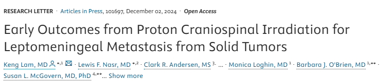 Advances_ASTRO's tweet photo. 🔥Hot Topic Alert🔥
Check out our new article by @KengLam6 @lewisnasr @NazMajd @AshleyAaroe &amp; team on proton craniospinal irradiation (pCSI) for leptomeningeal metastases (LM).

How effective is pCSI in reducing RT toxicity? Improving survival when compared to involved-field RT? https://t.co/fljGSc1zV9