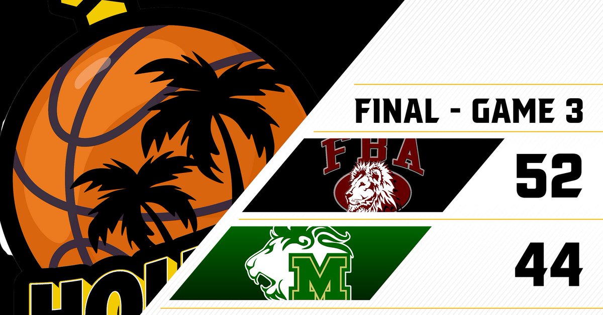 Holiday Hoopfest @ Bishop Verot High (@holidayhoopfest) on Twitter photo GAME 3 FINAL:
A defensive slugfest goes the way of <a href="/FBA_Athletics_/">FBA Athletics</a>, as FBA wins the battle of the Lions, 52-44, over Mater Academy!
Notables:
Jayden Petit (FBA): 17 points, 8 rebounds
Andrew Azunque (FBA): 15 points, 9 rebounds
Ethan Davis (MA): 15 points GAME 3 FINAL:
A defensive slugfest goes the way of <a href="/FBA_Athletics_/">FBA Athletics</a>, as FBA wins the battle of the Lions, 52-44, over Mater Academy!
Notables:
Jayden Petit (FBA): 17 points, 8 rebounds
Andrew Azunque (FBA): 15 points, 9 rebounds
Ethan Davis (MA): 15 points