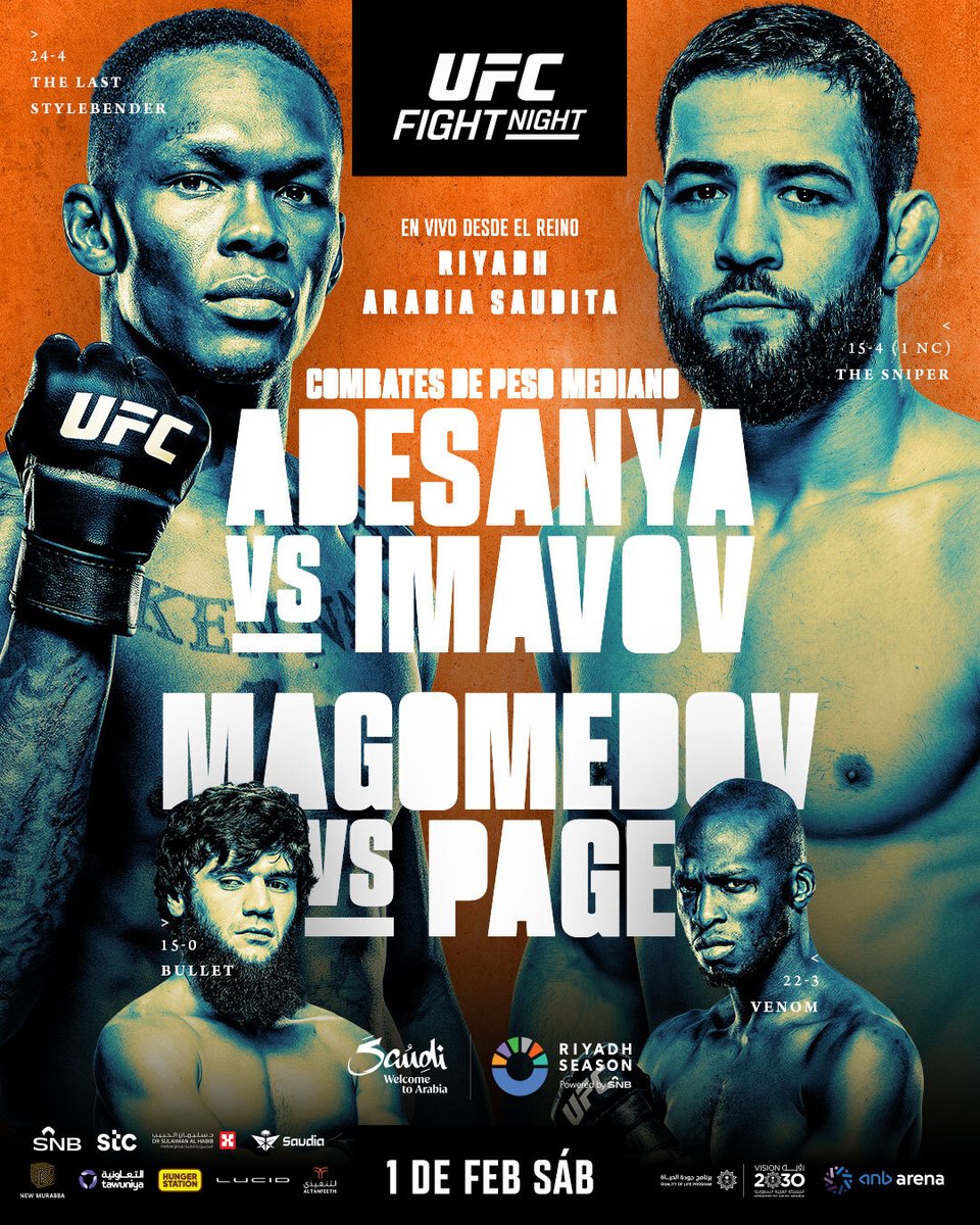 El poster de #UFCSaudiArabia con el regreso de Adesanya y la primera estelar de Imavov

Boletos a la venta el 3 de Enero 🎟️ <a href="/RiyadhSeason/">موسم الرياض | Riyadh Season</a> | #RiyadhSeason