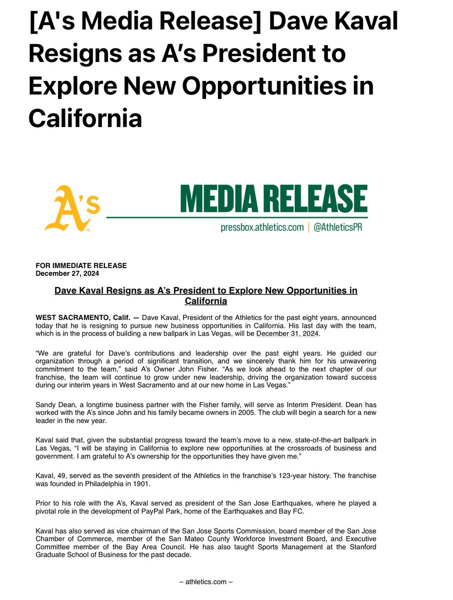 Dave Kaval just resigned from the A’s:
