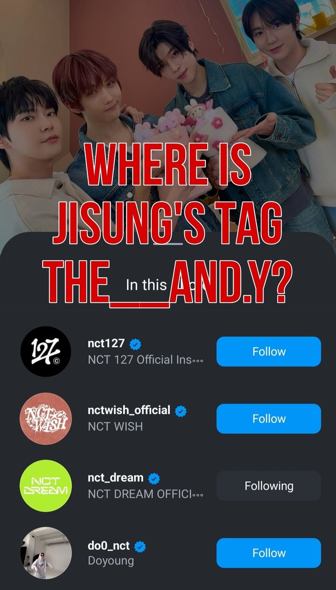 Hello <a href="/SMTOWNGLOBAL/">SMTOWN</a> <a href="/NCTsmtown/">NCT</a>

Where is the tag for JISUNG (<a href="/the__and/">Andriy</a>.y) in the latest Awsaz post on NCT's official Instagram? Jisung also has his own IG account and it should have been tagged as well. Fix this immediately!

instagram.com/p/DEFKwveTEgo/

TAG JISUNG ON INSTAGRAM