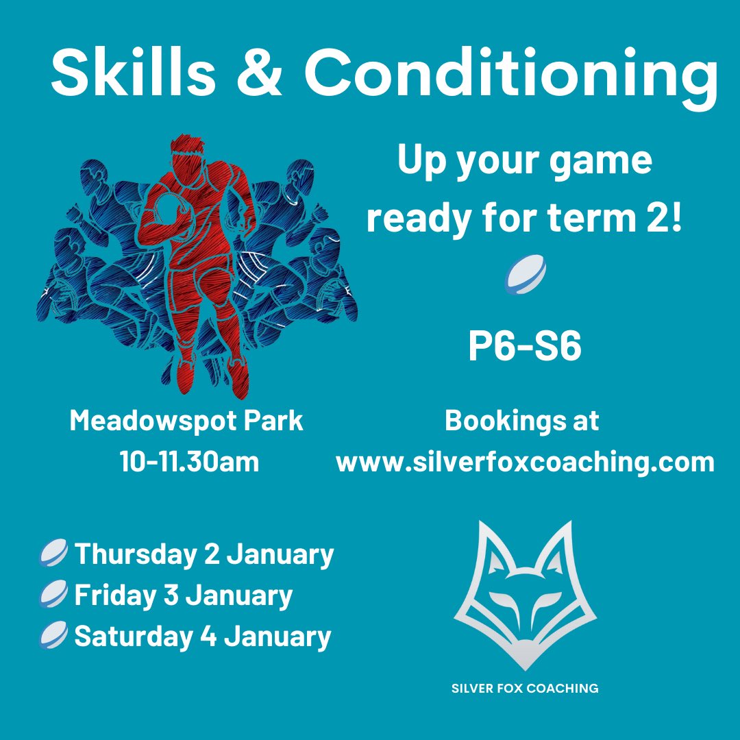 Looking to sharpen up ahead of next term?

Join us in Edinburgh to burn off all that Christmas chocolate and get moving again with our Skills &amp; Conditioning sessions 😁

Bookings at silverfoxcoaching.com

#rugby #rugbycoaching #rugbyskills #rugbyfitness #silverfoxcoaching