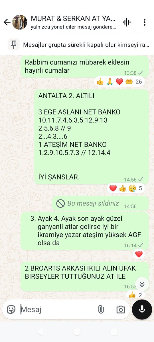 MURAT AKSOY VE SERKAN KARAKAŞ ORTAK GRUBU KAZANDIRMAYA DEVAM EDİYOR 2 NET BANKO 1 ALTERNATİF BANKO İLE SON AYAĞA KALDIK KISMET BAKALIM 

SİZLERİDE GRUBUMUZA BEKLERİZ AYLIK MAKUL ÜCRET 

KALP VE RT BIRAKAN 5 KİSİ 1 AY ÜCRETSİZ ALINACAKTIR