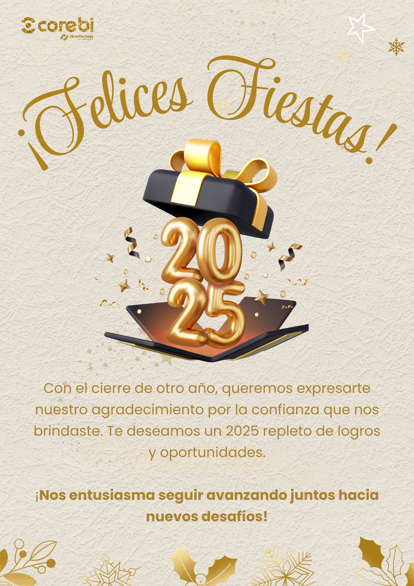 A nuestros clientes, colaboradores, partners y amigos: gracias por ser parte de cada logro en este 2024.
¡Que el nuevo año nos traiga más desafíos, aprendizajes y éxitos compartidos! 

🥂 ¡Feliz Año Nuevo! 🎉

#CoreBI #SomosCoreBI #EquipoCoreBI #HappyNewYear #FelizAñoNuevo #2024
