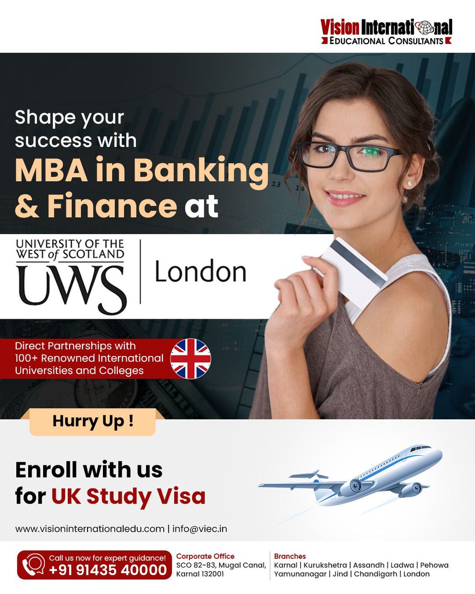 vieckarnal's tweet photo. The University of the West of Scotland (UWS) offers an MBA with Banking and Finance at its London campus. 
Call: 9143540000
#StudyinUK #UKStudyVisaConsultants #StudyOverseasConsultants #StudyinUK2025 #UKStudyGram #StudyAbroadGoals #KarnalCity https://t.co/padXZLN15e
