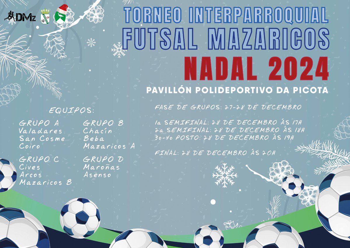 Entre hoxe e mañá dispútase o Torneo Interparroquial de Futsal de Mazaricos. As semifinais e final xogaranse mañá á tarde.

#deporteMZ #nadalMZ
