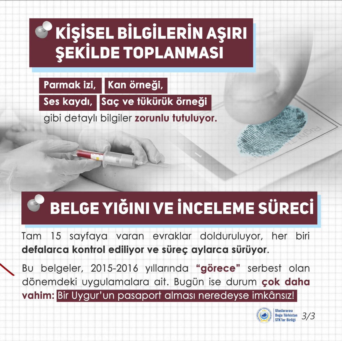 HOghuzkhan's tweet photo. Doğu Türkistan’da bir Uygur’un pasaport alması, parmak izi ve genetik örneklerin zorunlu tutulduğu, aylar süren bir belge ve onay süreciyle neredeyse imkânsız hale getirilmiştir. Bu uygulamalar, Uygurların temel haklarını sistematik bir şekilde ihlal eden Çin baskı politikalarının bir parçasıdır.
@udtsb @hrw @amnesty @Turkic_States 
@OIC_OCI @UN @TC_Disisleri @Gocidaresi