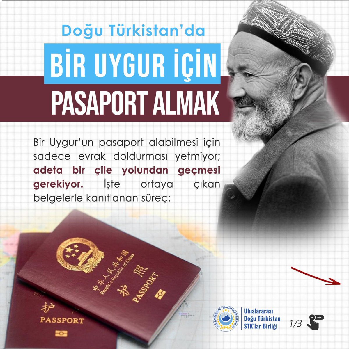 HOghuzkhan's tweet photo. Doğu Türkistan’da bir Uygur’un pasaport alması, parmak izi ve genetik örneklerin zorunlu tutulduğu, aylar süren bir belge ve onay süreciyle neredeyse imkânsız hale getirilmiştir. Bu uygulamalar, Uygurların temel haklarını sistematik bir şekilde ihlal eden Çin baskı politikalarının bir parçasıdır.
@udtsb @hrw @amnesty @Turkic_States 
@OIC_OCI @UN @TC_Disisleri @Gocidaresi