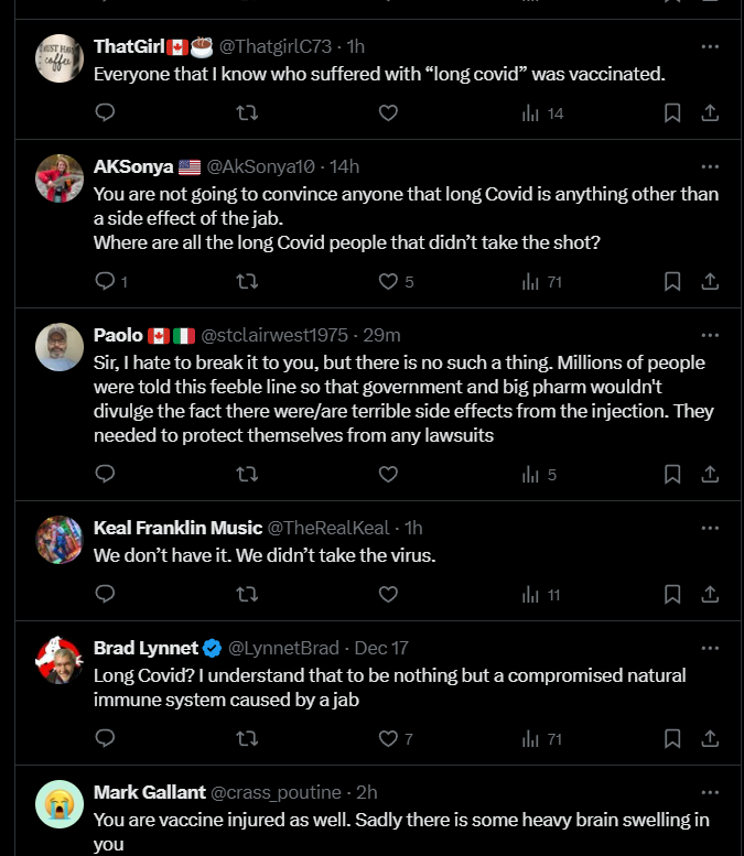 SteveTheBookGuy's tweet image. If you mention anything about Long Covid, this is what you get. All versions of the same message. #patternrecognition
I don't think any of these people are real people. I feel like I'm in that movie with the glasses and that wrestler guy. :)