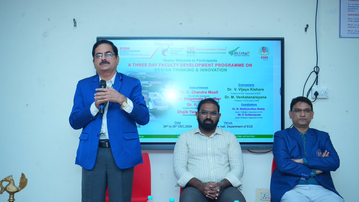 ksrmceofficial's tweet image. Department of ECE organized the Inauguration ceremony of a 3-day FDP on ‘Design Thinking and Innovation’ on 26th December 2024.

#ksrmece #designthinking #designthinkingworkshop #ksrm #ksrmce #kandulagroups #engineering #kadapa #aicte #jntua #IntiativesofMHRD #ugc #iic #apsche