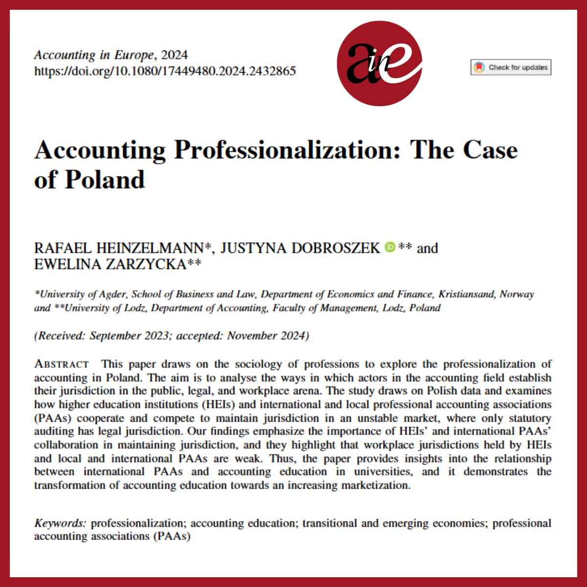 HOT OFF THE PRESS!
Heinzelmann (<a href="/AgderUniversity/">University of Agder</a>), Dobroszek and Zarzycka (both <a href="/unilodzpl/">University of Lodz</a>) discuss The Case of #Poland in #Accounting #Professionalization
doi.org/10.1080/174494…
#accountingeducation #professionalaccountingassociations #PAAs #aie #research #edu #academia
