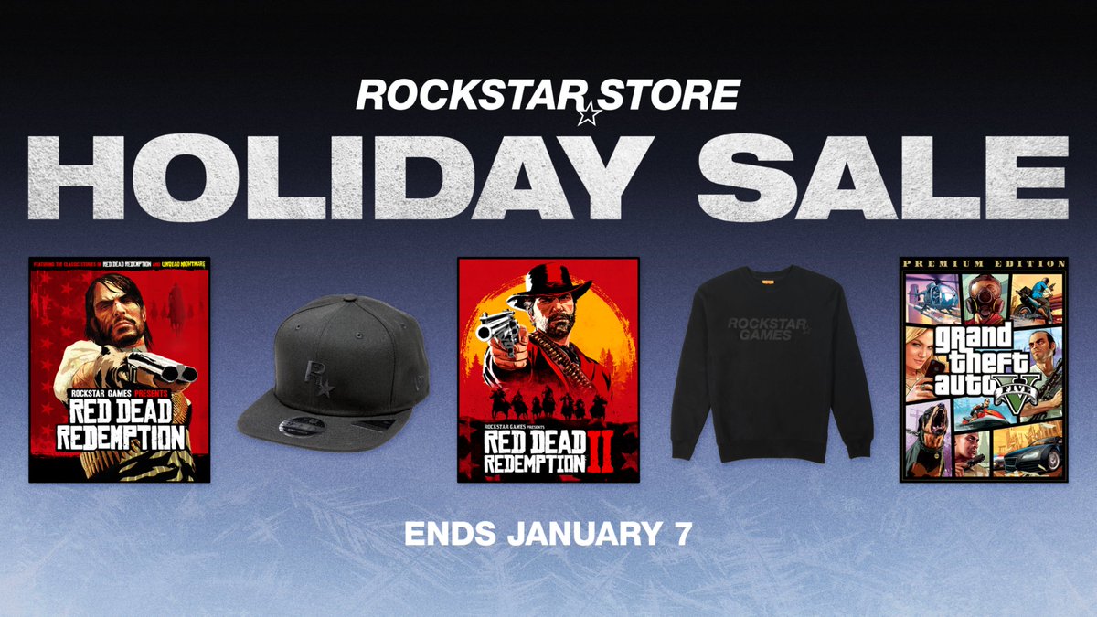 RockstarGames's tweet image. This week is your last chance to save during the Rockstar Store Holiday Sale! 

Get 20% off Red Dead Redemption for PC, 50% off GTAV for PC, 70% off GTAIV for PC, and 30% off all Rockstar Games apparel and collectibles. 

Sale ends January 7. Shop now: rsg.ms/743ec76