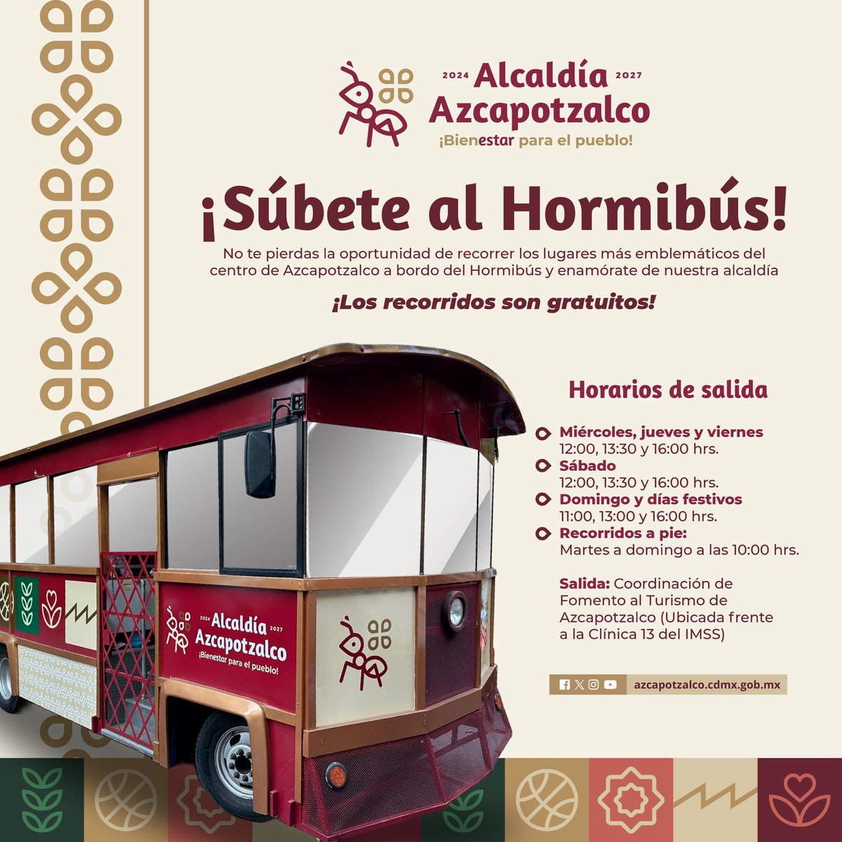 Súbete al #Hormibús y recorre Azcapotzalco como nunca antes. Historia, cultura y tradiciones te esperan en cada parada. 🐜🚍

¡Conoce y disfruta de nuestra alcaldía!

#BienestarParaElPueblo