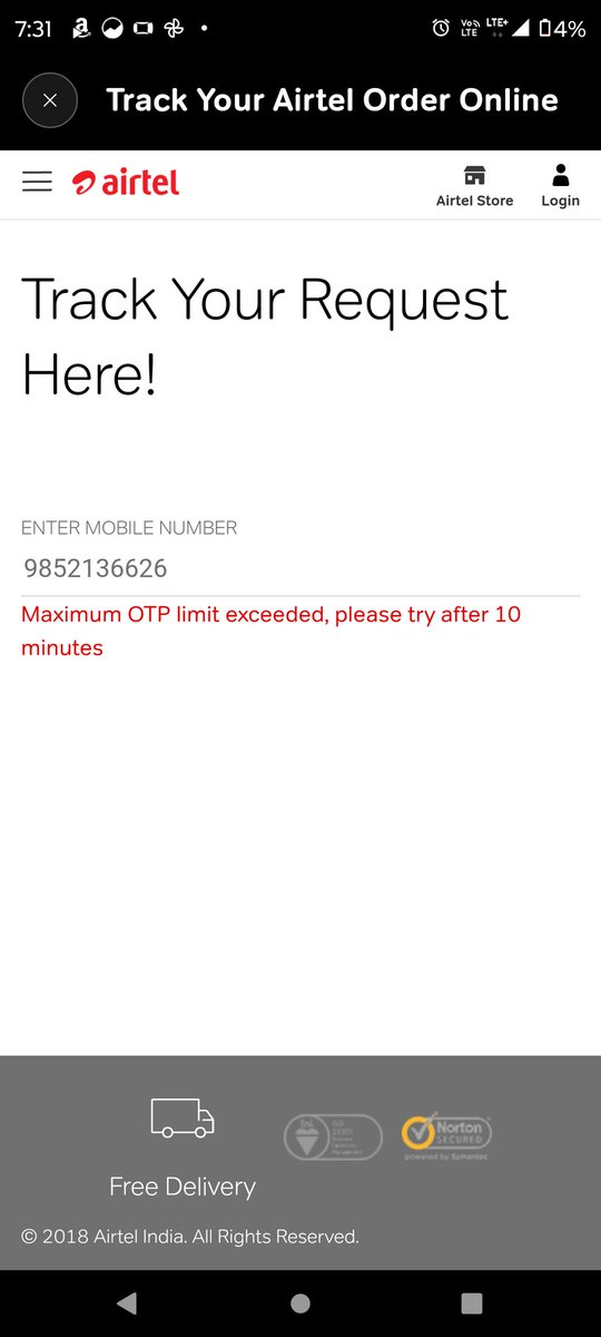 __anishk__'s tweet photo. This happens everytime when i try to track the complain status through the link given in sms. It doesn't even take request to send otp. @Airtel_Presence https://t.co/j72BuZFJlz