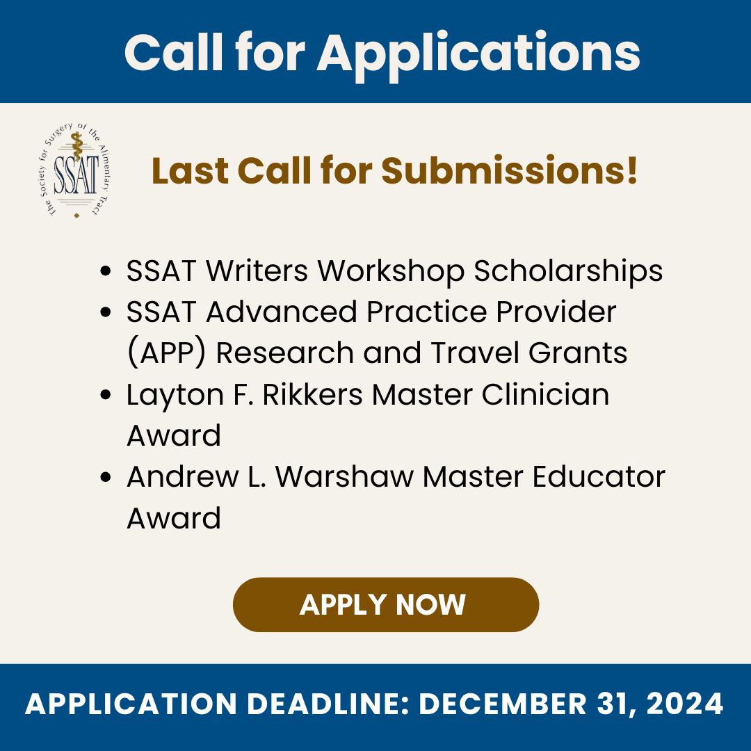 SSATNews's tweet photo. 🚨 Last Call for SSAT Scholarship and Award Applications! 🚨 Apply now before the deadline: December 31, 2024! - https://t.co/2xsHWEutdx
#SSAT #CallForApplications #Scholarships #Awards #Healthcare #Research #TravelGrants #MedicalProfessionals #MasterClinician #MasterEducator https://t.co/Pu7QNt0VOs