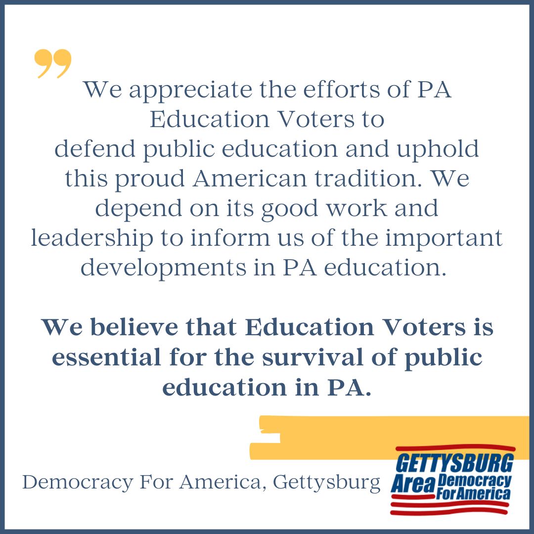 As Democracy For America, Gettysburg said, "We believe that Education Voters is essential for the survival of public education in PA." Thanks to advocates, we’ve secured funding wins &amp; pushed back against privatization in 2024. The work continues in 2025.  buff.ly/3DmXq3E