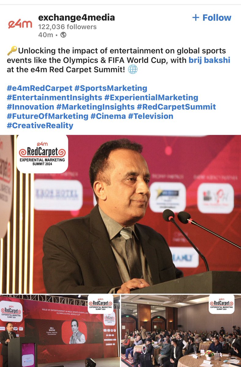 Unlocking the impact of entertainment on global sports events like the Olympics &amp; FIFA World Cup at the 
e4m Red Carpet Summit with extremely articulate &amp; participative industry professionals was highly energising. 
<a href="/e4mtweets/">exchange4media group</a> <a href="/e4mevents/">e4m Live</a>