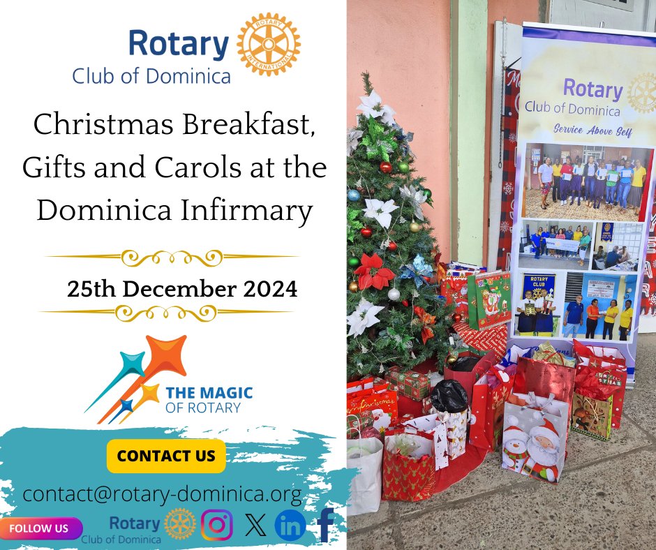 RotaryDominica's tweet photo. Annual Infirmary Christmas Breakfast 2024
The Rotary Club of Dominica enjoys bringing Christmas Cheer to the Dominica Infirmary on Christmas Day through breakfast, gifts, caroling and fellowship.  #RotaryInAction #ServiceAboveSelf #TheMagicOfRotary #District7030 #CommunityService https://t.co/fU83UrG1fD