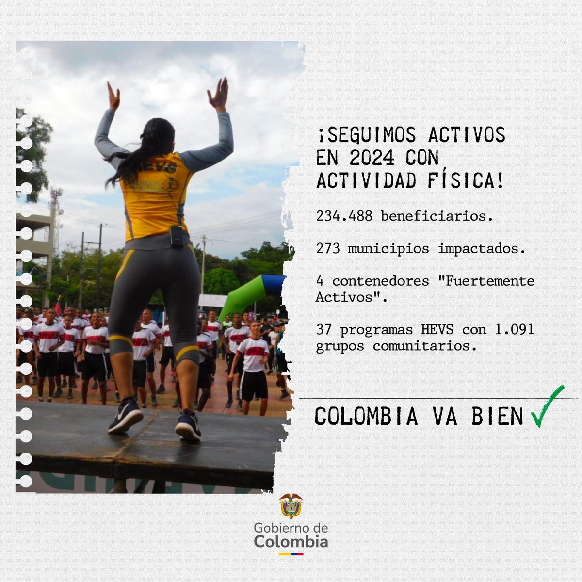 MinDeporteCol's tweet photo. ⚡️En 2024, #ColombiaVaBien ✅ promoviendo la actividad física y combatiendo el sedentarismo.

Programas como HEVS, el Programa Nacional de Capacitación y Vías Activas y Saludables (VAS) impulsan a un país más activo, llevando bienestar a todo el territorio nacional. https://t.co/e3tm4oF9fa