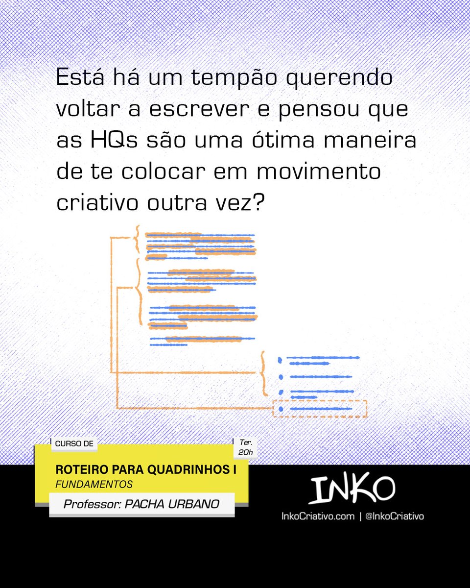 Se está empacado numa história e só precisa de um empurrãozinho para organizar e desenvolver melhor suas ideias, o meu curso de Roteiro para Quadrinhos na <a href="/InkoCriativo/">INKO</a> vai te ajudar a pensar melhor na hora de criar histórias, em qualquer mídia.

inkocriativo.com/service-page/r…
