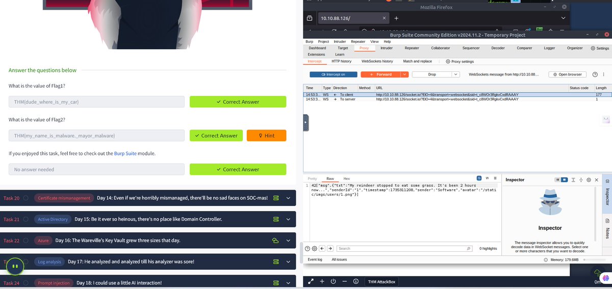 #day85
Just completed Days 12 &amp; 13 of TryHackMe's Advent of Cyber! Explored race conditions, HTTP/2 security, and WebSocket vulnerabilities. These real-world threats highlight the need for robust security measures in modern web applications

#security  #AdventOfCyber2024