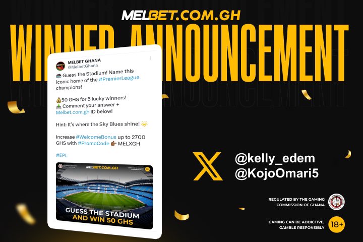 MelbetGhana's tweet photo. 🎉 Congrats to our #winners! You've each won a 50 GHS bonus! 💰 The bonus has been credited🎁

Follow our page and stay active for more chances to #winbig! 🚀

Increase #WelcomeBonus up to 2700 GHS with #PromoCode 👉🏾 MELXGH

#MelbetBonus #FootballQuiz #Giveaway #BonusWin https://t.co/SASTpV3SYM