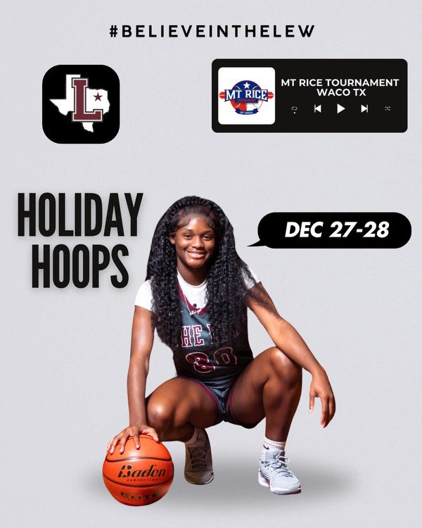 GAME DAY🏀
Holiday Hoops 🎄
MT Rice Tournament 
⏰: 11:00am Vs Magnolia West
⏰ 8:00pm Vs Brenham
📍Midway HS Waco,Tx
#BelieveInTheLew🔥🏀