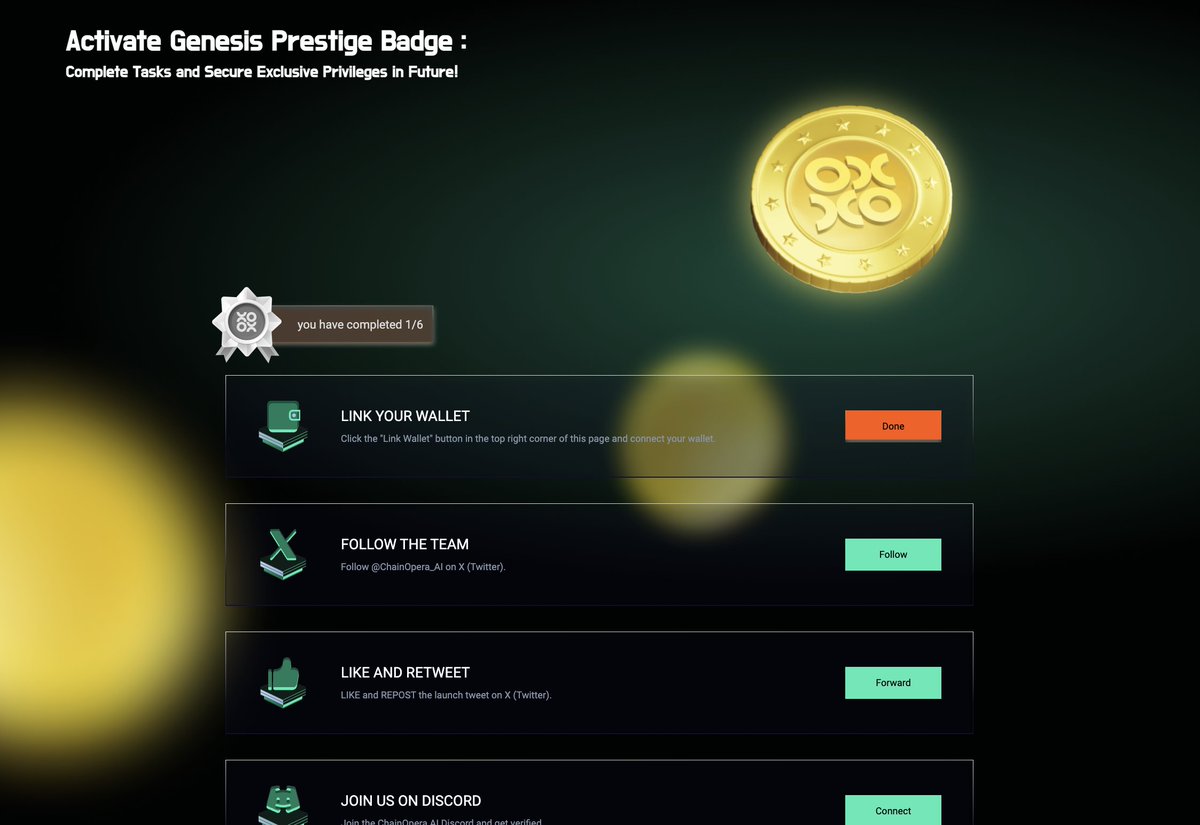 刚融资1700万美元的AI项目——ChainOpera 0撸任务去官网做几个社交任务拿Genesis  Prestige徽章传送门：https://t.co/VFw8Dm1QGo 小提示：验证完任务记得解除推特授权，这丫的要的权限太多了！