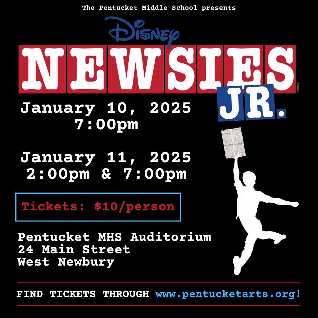 The PRMS is presenting Newsies JR at the PMHS on 1/10 at 7pm and 1/11 at 2pm &amp; 7pm!

Tickets are $10 each and a link to purchase can be found on our website at pentucketarts.org!

#NewsiesJR #Theatre #PentucketMS #pentucketartsfoundation #westnewbury #merrimac #groveland