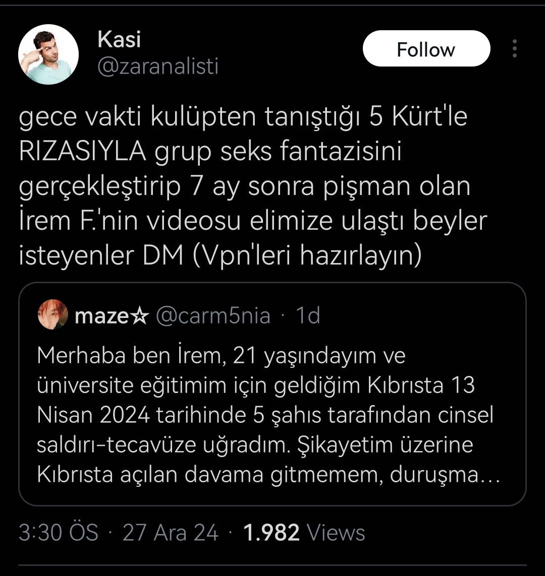 *Bu bir açık ihbardır.
T3cavüze uğramış bir genç kadını gizli görüntülerini yaymakla tehdit edip "rızası dahilinde ilişkiye girdiğini" söyleyerek iftira atıyor. Hakkında gereken yapılmalı. <a href="/zaranalisti/">Kasi</a>