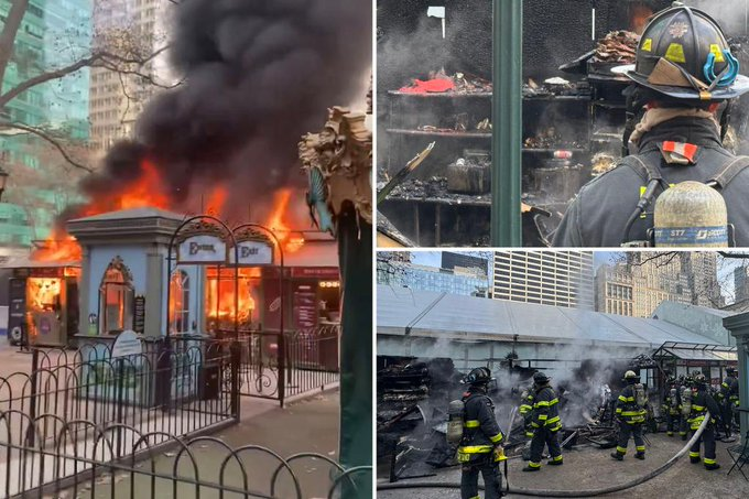MarioNawfal's tweet photo. 🚨FIRE ERUPTS AT BRYANT PARK HOLIDAY MARKET IN NYC

A massive fire broke out at Bryant Park’s iconic holiday market this morning, sending plumes of black smoke over Manhattan.

The blaze started around 9:20 a.m. at a vendor stall on West 40th Street between Fifth and Sixth Avenues. Firefighters worked to contain the flames, with no immediate reports of injuries or the cause.

The incident comes just days after a fire destroyed 18 shops in Herald Square, sparking concerns over safety in the city’s festive markets.

Source: NY Post