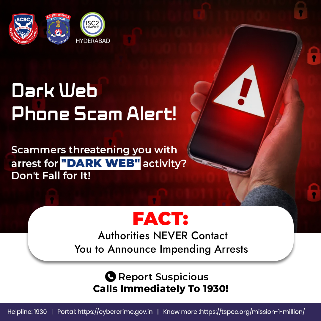 SCSC_Cyberabad's tweet photo. 🚨 Scammers alert! They claim your data is on the dark web, posing as cybercrime officials. Don't share bank details, Aadhaar, or personal info!
🔒 Report suspicious calls to 1930. Stay alert, stay safe!
#DarkWebScam #CyberFraudAlert #ScamAwareness #ReportTo1930 #OnlineSafety https://t.co/doO8rTG2bu