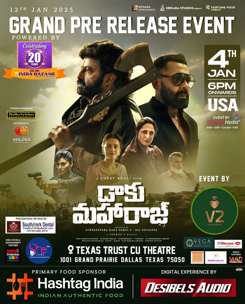RakhiNbk's tweet photo. #DaakuMaharaaj prerelease event on Jan4th is going to set TFI Dallas youth on fire 🔥💥
Thanks to @vamsi84 bro and @dirbobby bro
GOD OF MASSES #NandamuriBalakrishna fans mass chustharu
#JaiBalayya
#HASHTAGINDIA https://t.co/0o4EgEwWQg