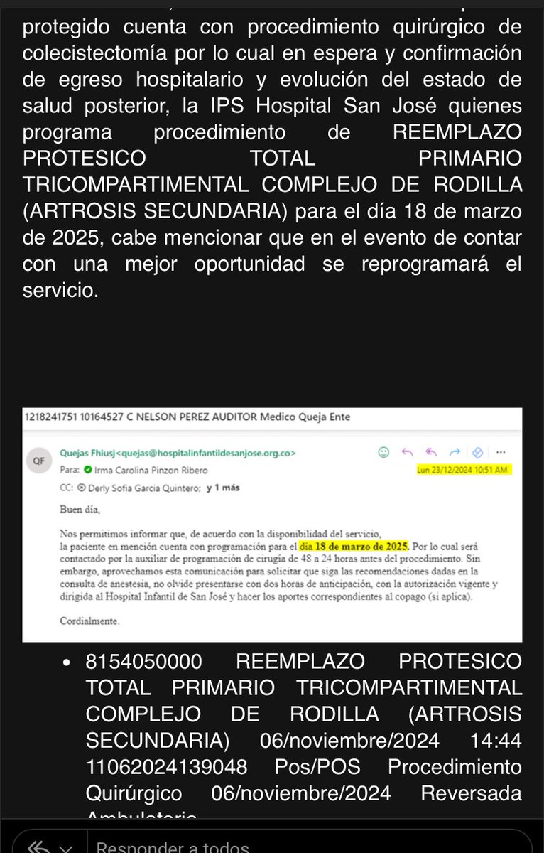 clauloperez's tweet photo. Señores @Supersalud para la Eps @EPSSaludTotal la fecha de la cirugía es la más oportuna. Cuando el médico Ortopedista Rolando Ortiz de la Clinica del San José Infantil en el control del año 2023 le manifestó que no necesitaba esa cirugía. Mi papá ahora está hospitalizado https://t.co/guqTuqehq2