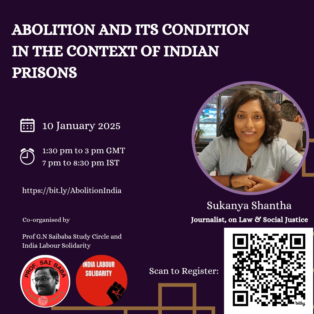 IndLabSol's tweet photo. We're excited to announce a series of discussions on Abolition in the Indian context! Join us for the first session featuring acclaimed journalist @sukanyashantha  Shantha, focussing on Prisons in India. 

Register for this online discussion at https://t.co/kJAGjxXMIx https://t.co/0wHMCX8xXZ