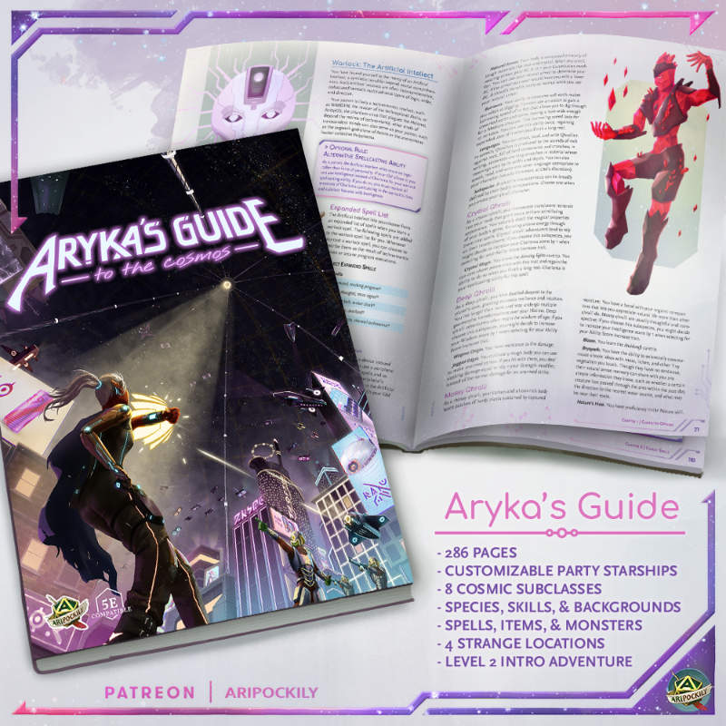 aripockily's tweet photo. ✨ ARYKA'S GUIDE TO THE COSMOS ✨

It's out! This fantastic tome has everything you need to run a 5e space and interstellar campaign, inspired by countless science fiction media like movies, games, and books.

#dnd #dnd5e #ttrpg