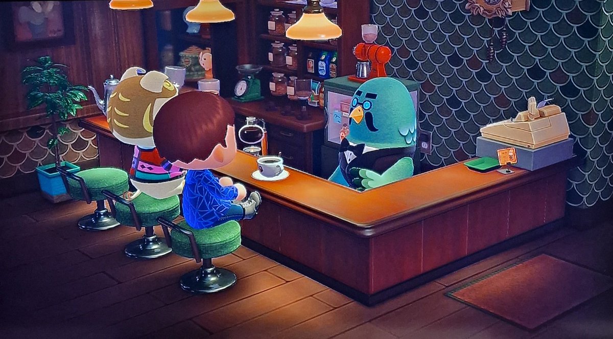 Ein Kaffee bei Kofi zur Stärkung. Clemens leistet mir dabei Gesellschaft. #AnimalCrossing #ACNH
